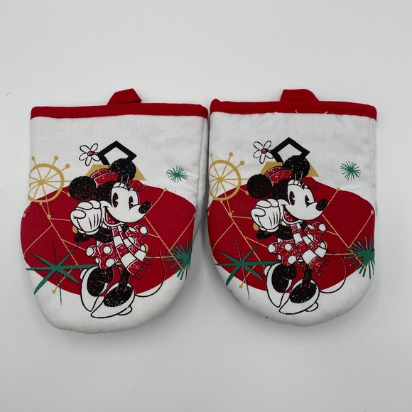 Disney Minnie Mouse oversized Oven Mitts Potholders White Red Christmas Kitchen - Picture 1 of 8